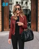 Autumn Women's PU Leather Jacket Hot Selling New Product with Zipper Stand Collar Long Sleeve Solid Pattern Short Length Coat