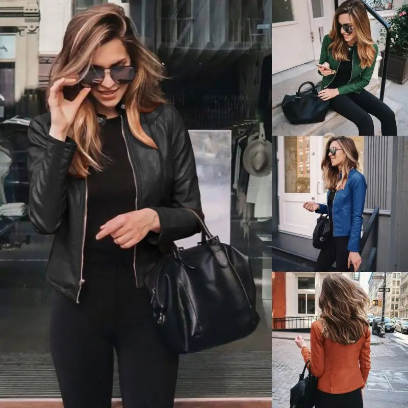 Autumn Women's PU Leather Jacket Hot Selling New Product with Zipper Stand Collar Long Sleeve Solid Pattern Short Length Coat