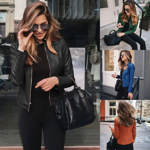 Autumn Women's PU Leather Jacket Hot Selling New Product with Zipper Stand Collar Long Sleeve Solid Pattern Short Length Coat