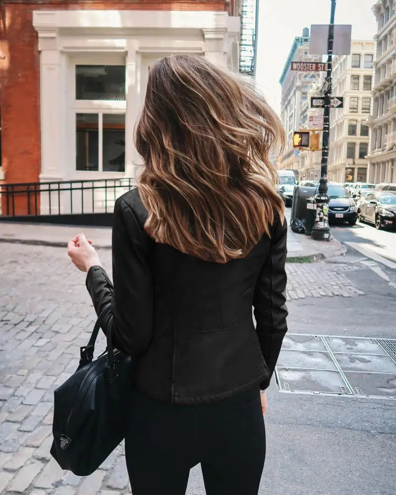Autumn Women's PU Leather Jacket Hot Selling New Product with Zipper Stand Collar Long Sleeve Solid Pattern Short Length Coat