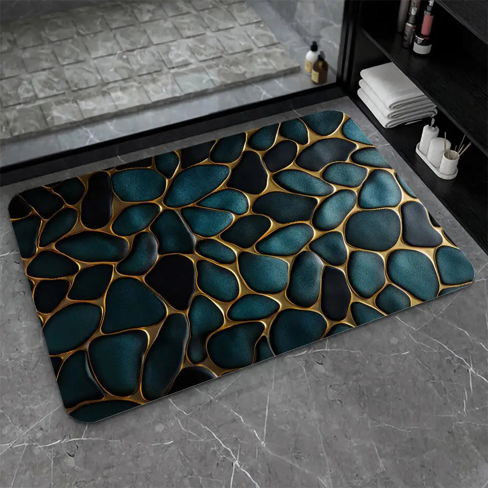 Diatomaceous Earth Bath Mat Blue and Gold Stones Non-Slip Volume Super Absorbent Fast Drying for Bathroom Kitchen Mat