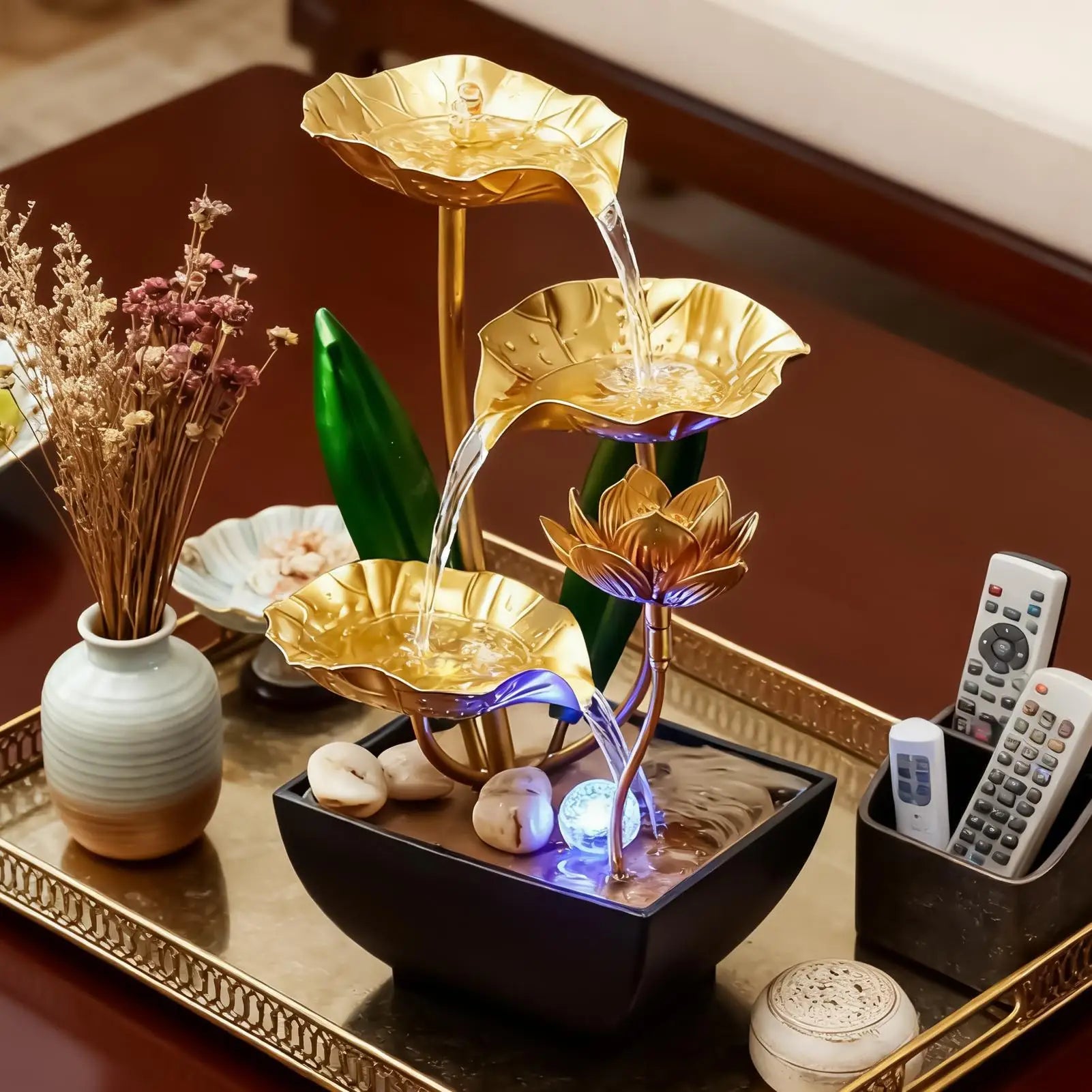 Lotus Leafs Waterfall Fountain Ornament Zen Relaxation Soothing Led Light Desk Water Fountain With Stream Sounds For Bedroom