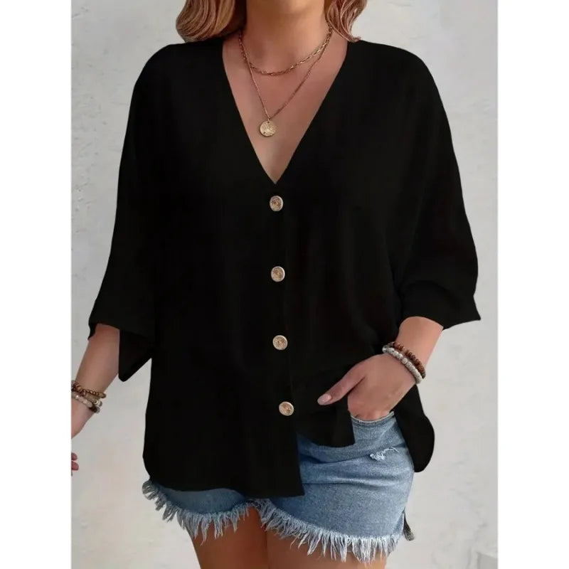 Plus Size Woman Casual T-shirt Solid Color Breathable Spring/summer V-neck Button Travel Wear American Style Female Clothing