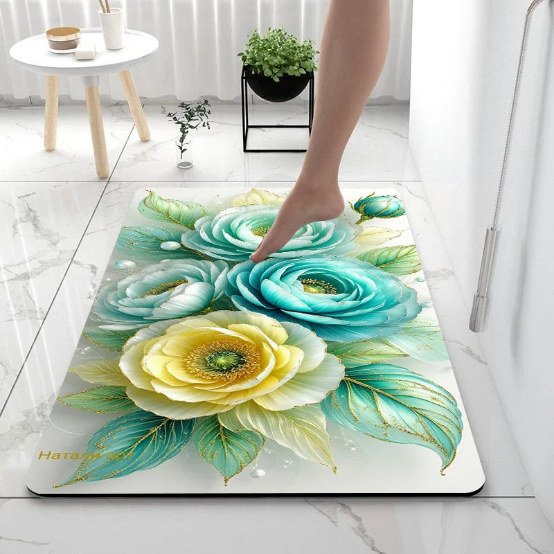 2D Printing Floral Mat Rug For Bath And Kitch Super Absorbent Quick Dry Rubber Backed Dirt Resistant Bath Rugs Mats