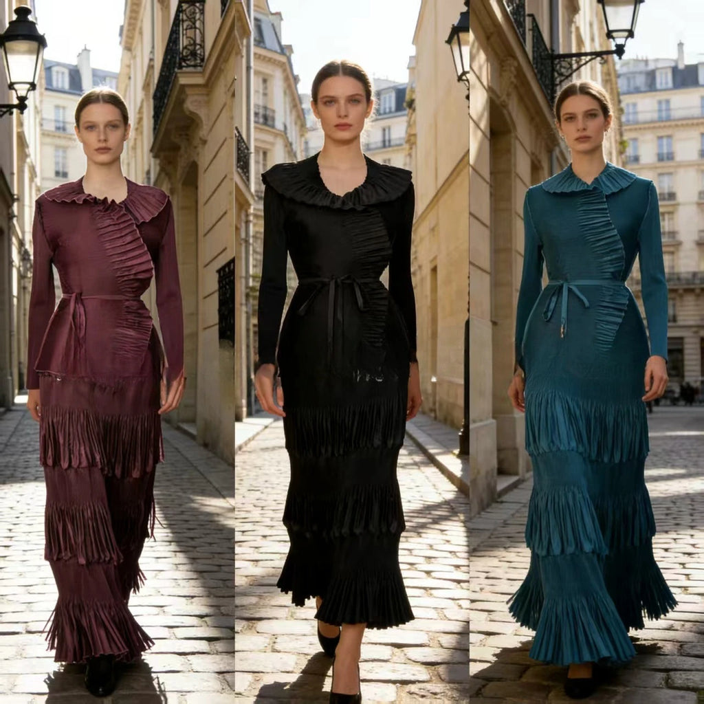 Miyake 2026 Spring Niche New Elegant Suit Ruffle Edge Solid Color Pleated Lace Elegant Two-piece Suit Women