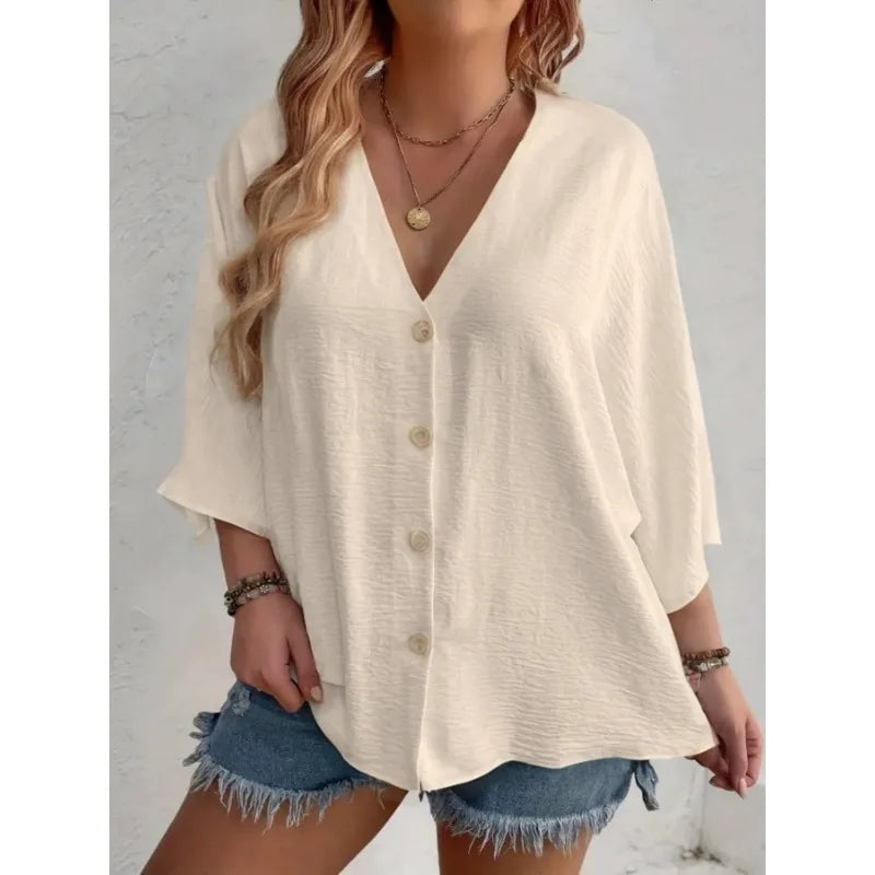 Plus Size Woman Casual T-shirt Solid Color Breathable Spring/summer V-neck Button Travel Wear American Style Female Clothing