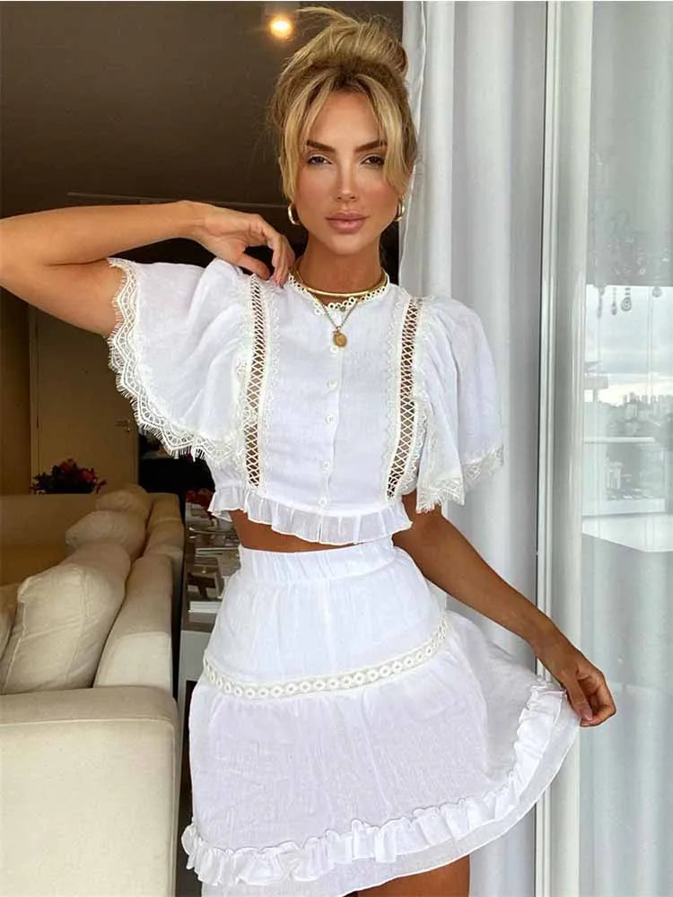 Two Pieces Solid Short Dresses For Women 2024 Summer Sexy Crop Tops and Mini Skirts Suit High Waist Club Party Bodycon Vestido
