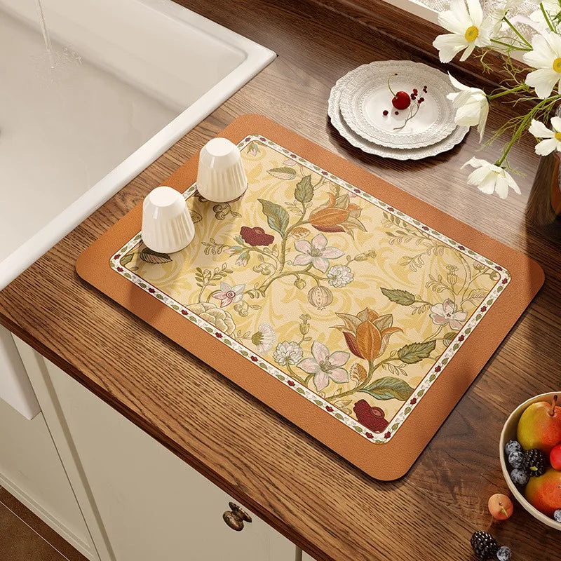 Absorbent Diatomite Anti-Slip Vintage Placemat,Luxury Draining Mat,Hand Paint,Kitchen Table Decoration,Quick-Drying Pad,Bar Pad