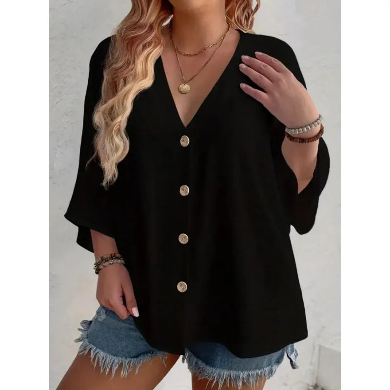 Plus Size Woman Casual T-shirt Solid Color Breathable Spring/summer V-neck Button Travel Wear American Style Female Clothing