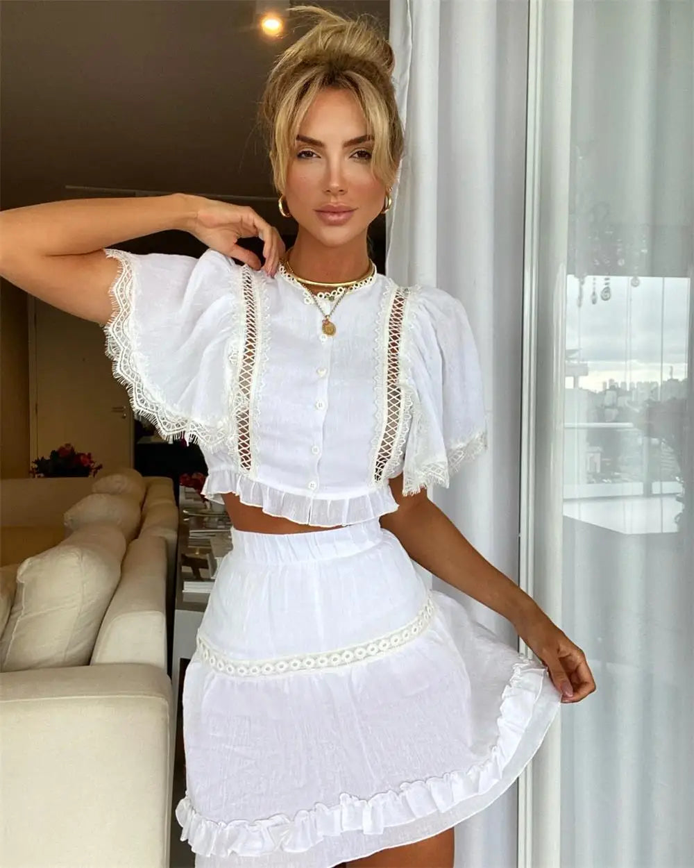 Two Pieces Solid Short Dresses For Women 2024 Summer Sexy Crop Tops and Mini Skirts Suit High Waist Club Party Bodycon Vestido