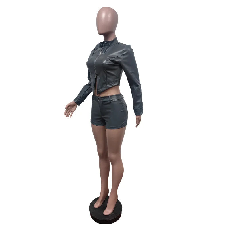 Two Pieces PU Leather Short Sets Women Solid Pant Set Skinny Long Sleeves Coat High Waist Zipper Pants Slim Casual 2026 Summer