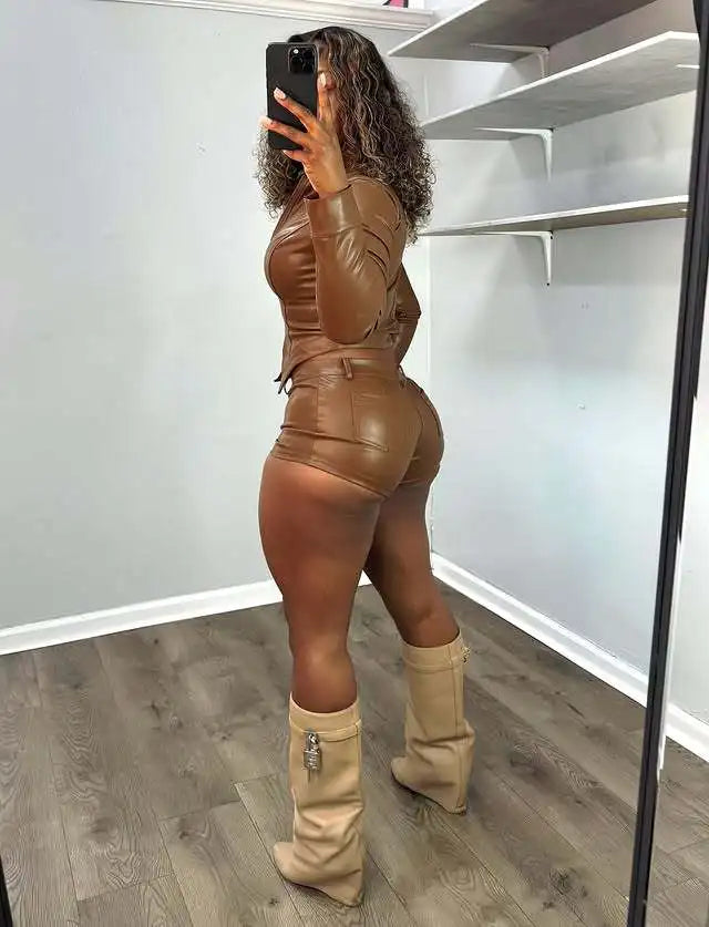 Two Pieces PU Leather Short Sets Women Solid Pant Set Skinny Long Sleeves Coat High Waist Zipper Pants Slim Casual 2026 Summer