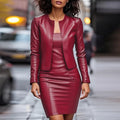 Fashion Slim Fit Leather Jacket Dress Women Classic Moto Biker PU Leather Jacket Coat Sleeveless Dress Women Set