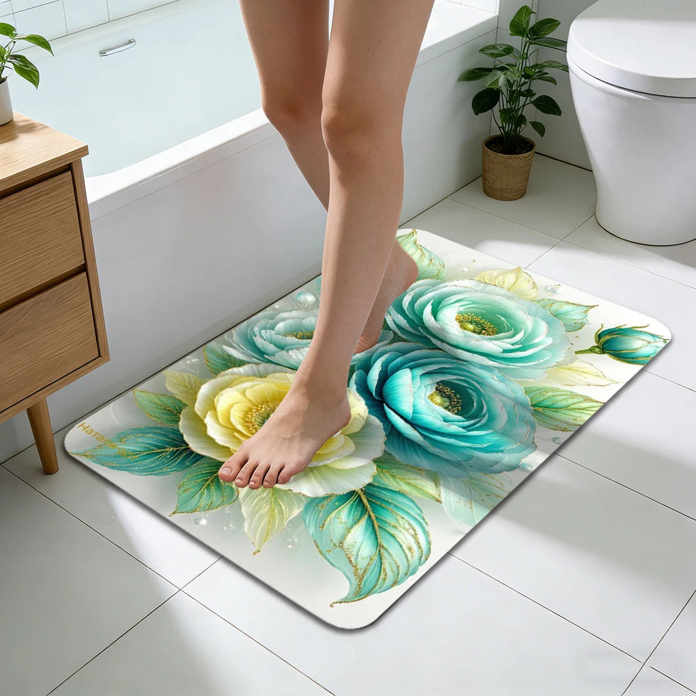 2D Printing Floral Mat Rug For Bath And Kitch Super Absorbent Quick Dry Rubber Backed Dirt Resistant Bath Rugs Mats
