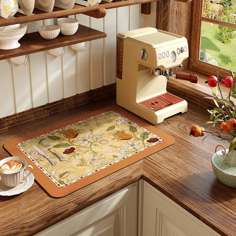 Absorbent Diatomite Anti-Slip Vintage Placemat,Luxury Draining Mat,Hand Paint,Kitchen Table Decoration,Quick-Drying Pad,Bar Pad