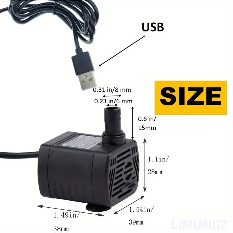 Silent USB Powered Fountain Water Pump - Submersible, 3W Dc, 200L/H Flow, Durable Abs Shell