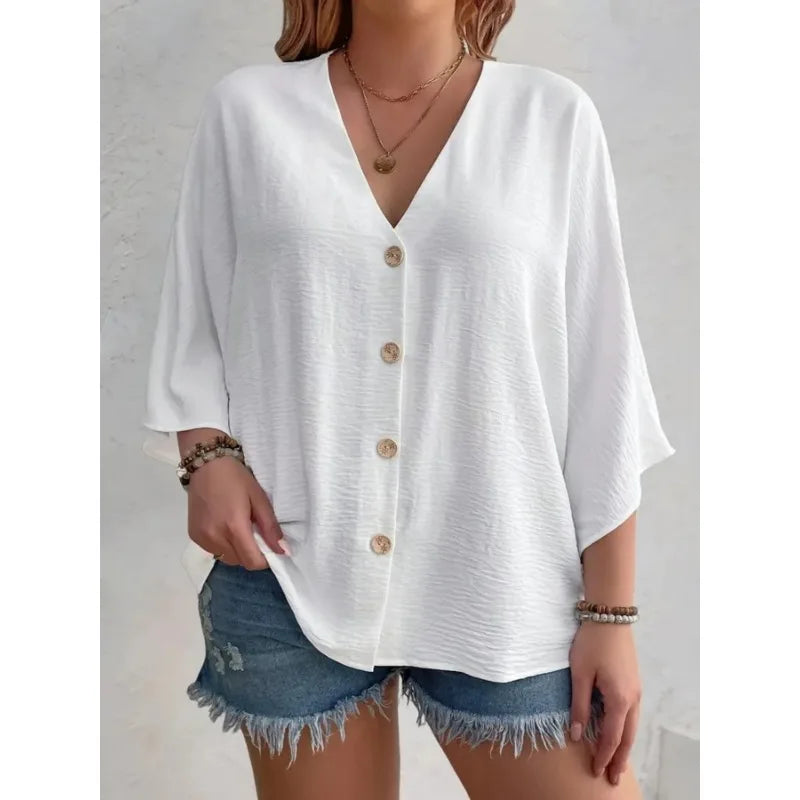 Plus Size Woman Casual T-shirt Solid Color Breathable Spring/summer V-neck Button Travel Wear American Style Female Clothing