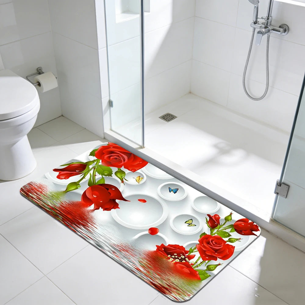 2D Printing Floral Mat Rug For Bath And Kitch Super Absorbent Quick Dry Rubber Backed Dirt Resistant Bath Rugs Mats