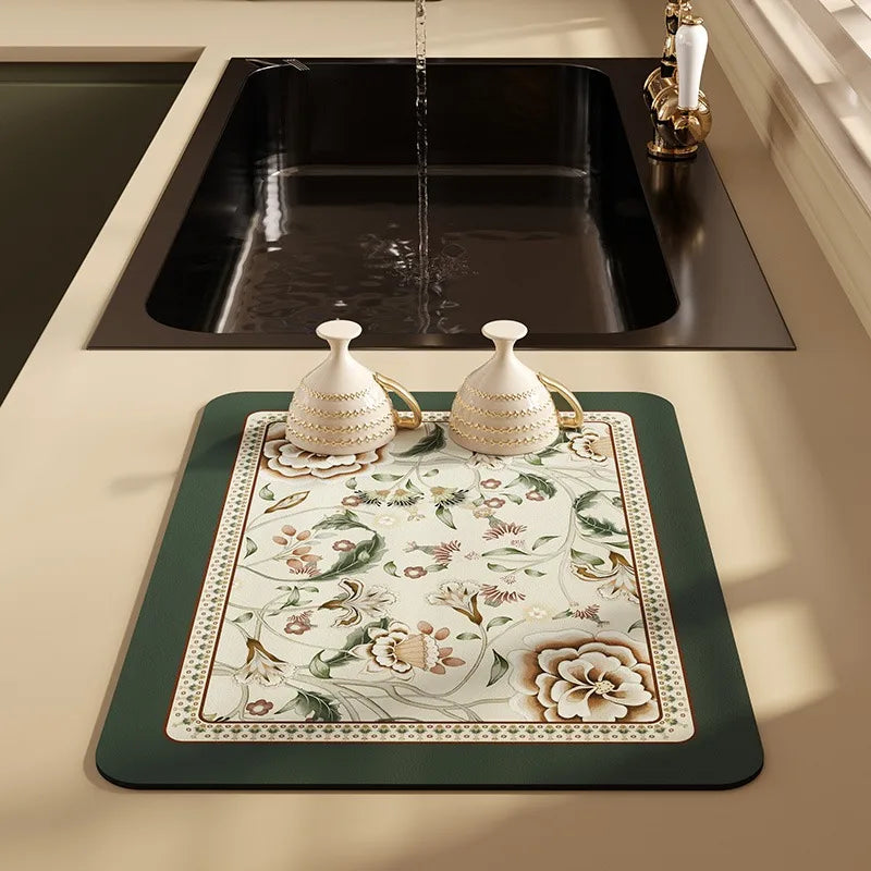 Absorbent Diatomite Anti-Slip Vintage Placemat,Luxury Draining Mat,Hand Paint,Kitchen Table Decoration,Quick-Drying Pad,Bar Pad