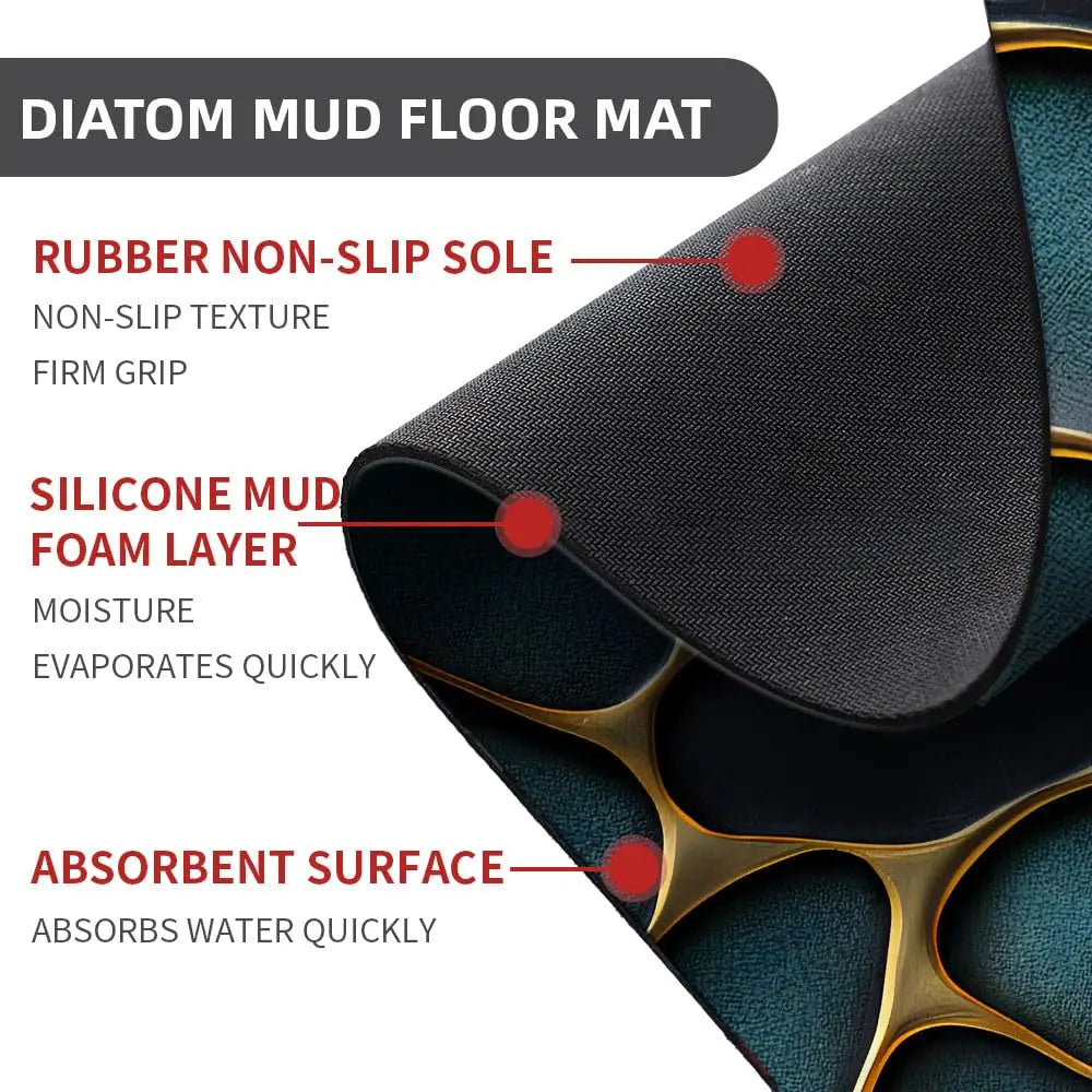 Diatomaceous Earth Bath Mat Blue and Gold Stones Non-Slip Volume Super Absorbent Fast Drying for Bathroom Kitchen Mat