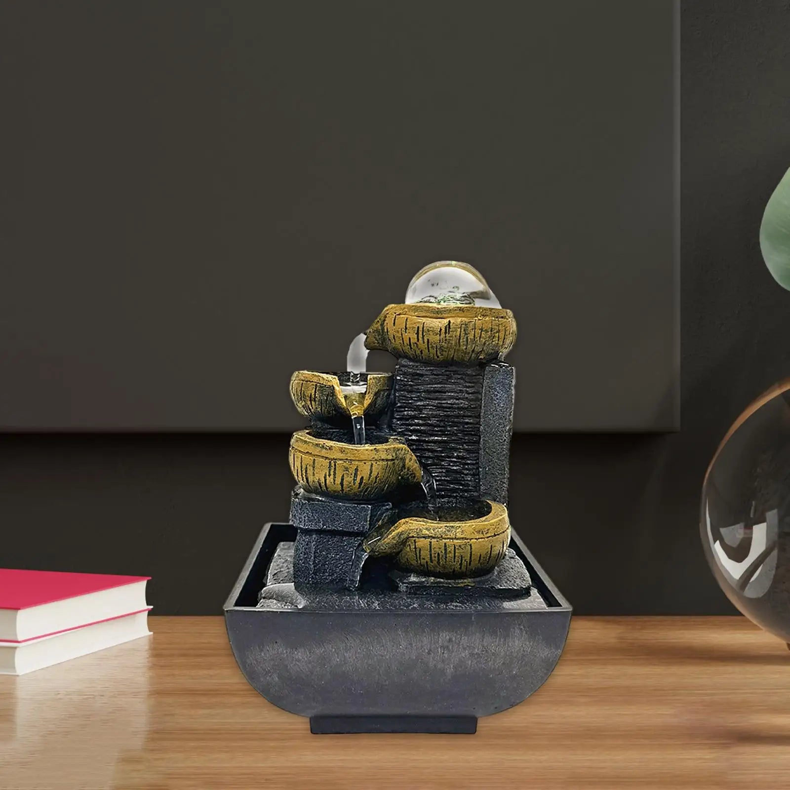 4 Tier Tabletop Water Fountain with Pump Ornament Flowing Water Relaxation Waterfall Fountain for Garden Desk Feng Shui Decor