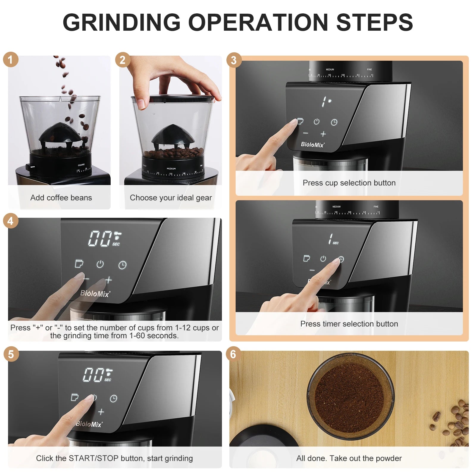 BioloMix Automatic Burr Mill Electric Coffee Grinder with 30 Gears for Espresso American Coffee Pour Over Visual Bean Storage
