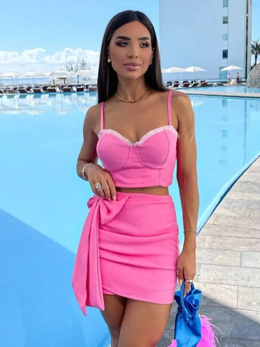 Two Pieces Solid Short Dresses For Women 2024 Summer Sexy Crop Tops and Mini Skirts Suit High Waist Club Party Bodycon Vestido