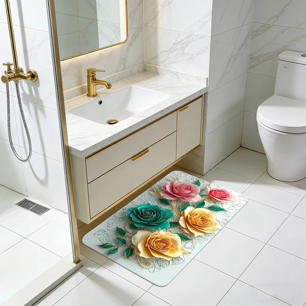 2D Printing Floral Mat Rug For Bath And Kitch Super Absorbent Quick Dry Rubber Backed Dirt Resistant Bath Rugs Mats