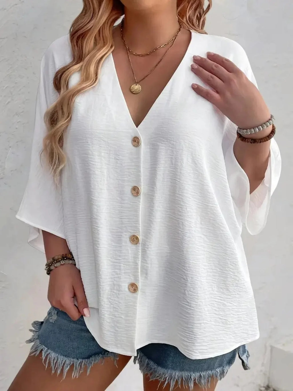 Plus Size Woman Casual T-shirt Solid Color Breathable Spring/summer V-neck Button Travel Wear American Style Female Clothing