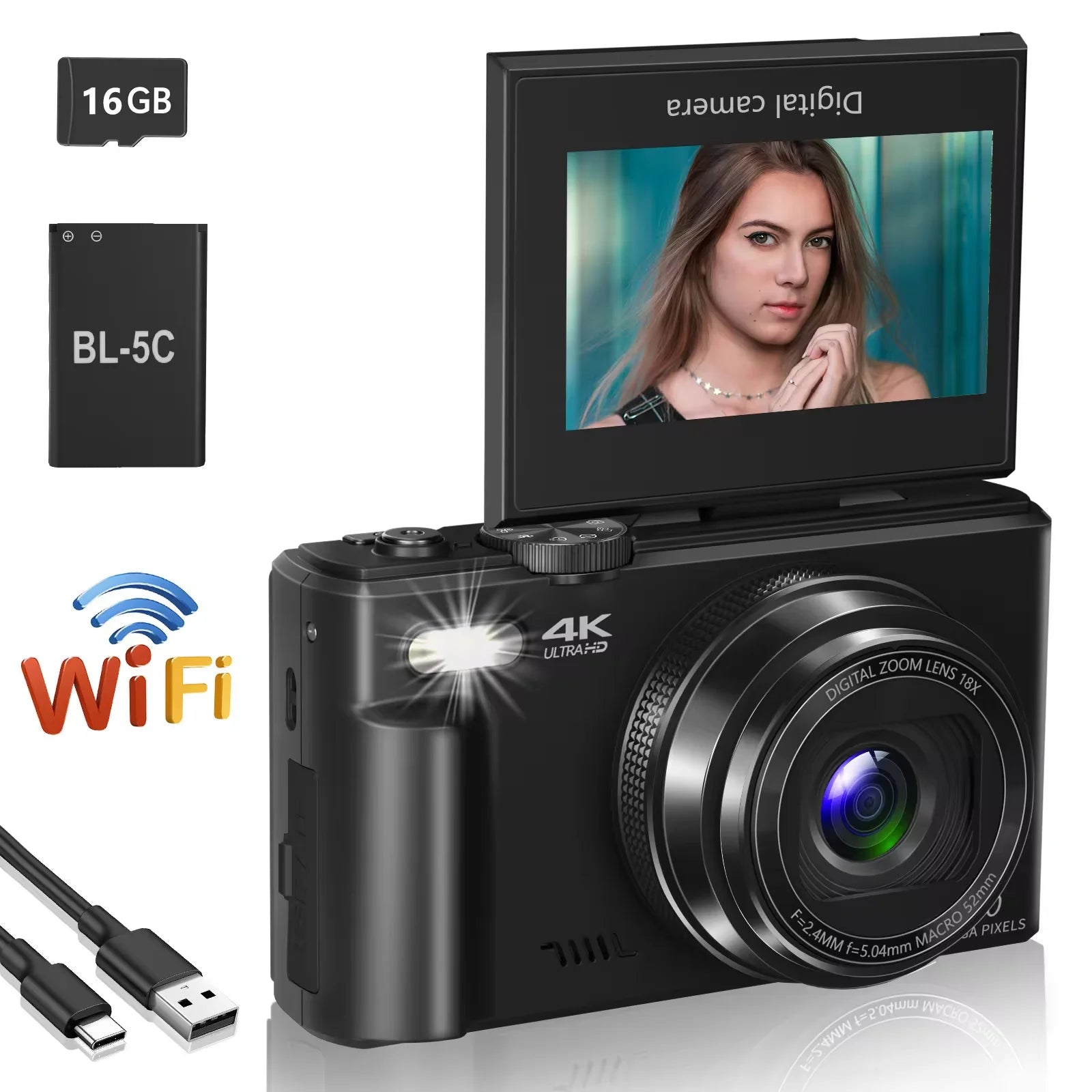 Fotocamera digitale 1080P 44MP zoom 16x schermo da 2,4 pollici, scheda da 32 GB Pink - INF