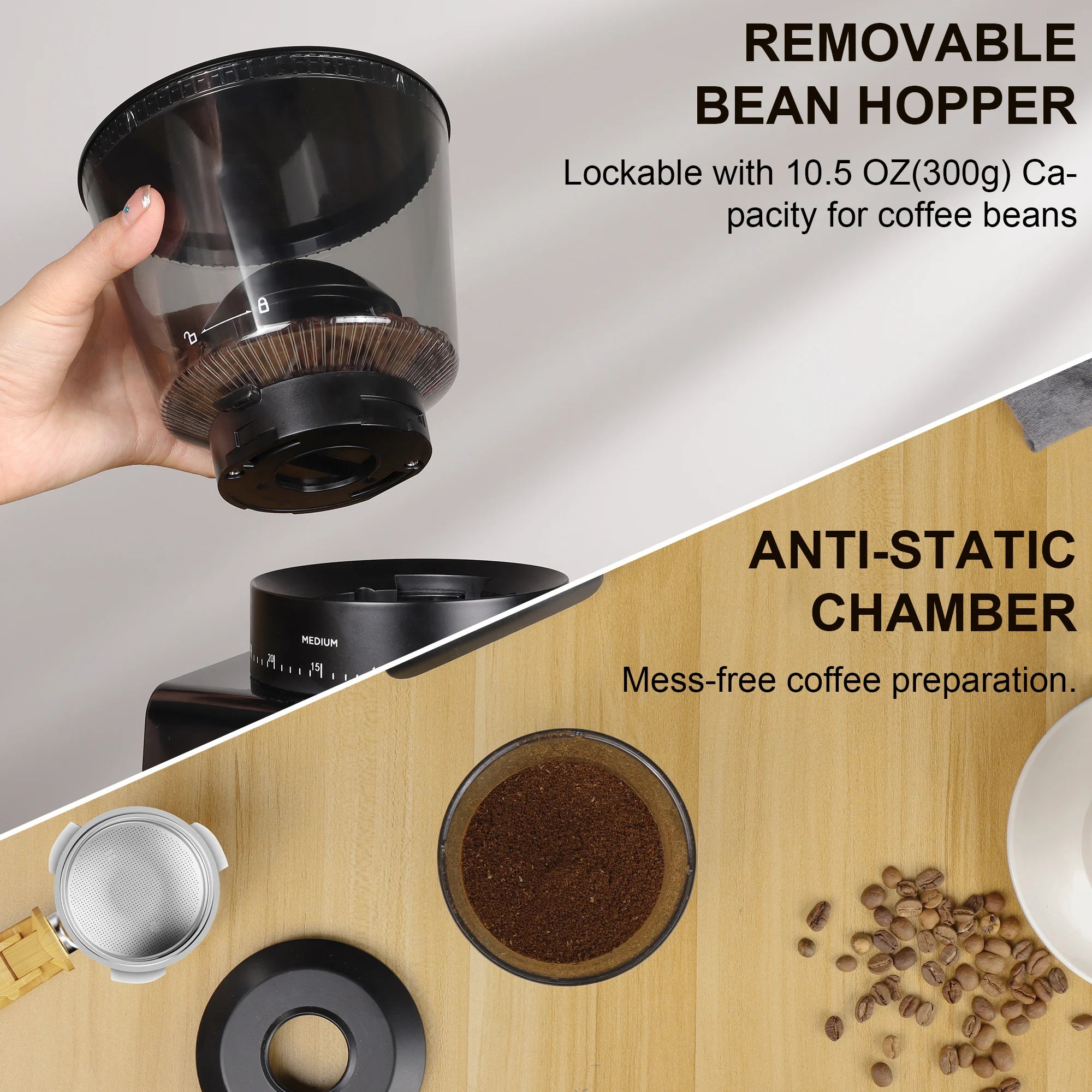 BioloMix Automatic Burr Mill Electric Coffee Grinder with 30 Gears for Espresso American Coffee Pour Over Visual Bean Storage