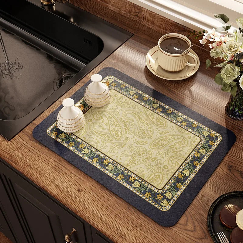 Absorbent Diatomite Anti-Slip Vintage Placemat,Luxury Draining Mat,Hand Paint,Kitchen Table Decoration,Quick-Drying Pad,Bar Pad