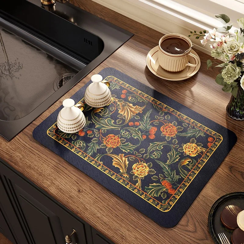 Absorbent Diatomite Anti-Slip Vintage Placemat,Luxury Draining Mat,Hand Paint,Kitchen Table Decoration,Quick-Drying Pad,Bar Pad