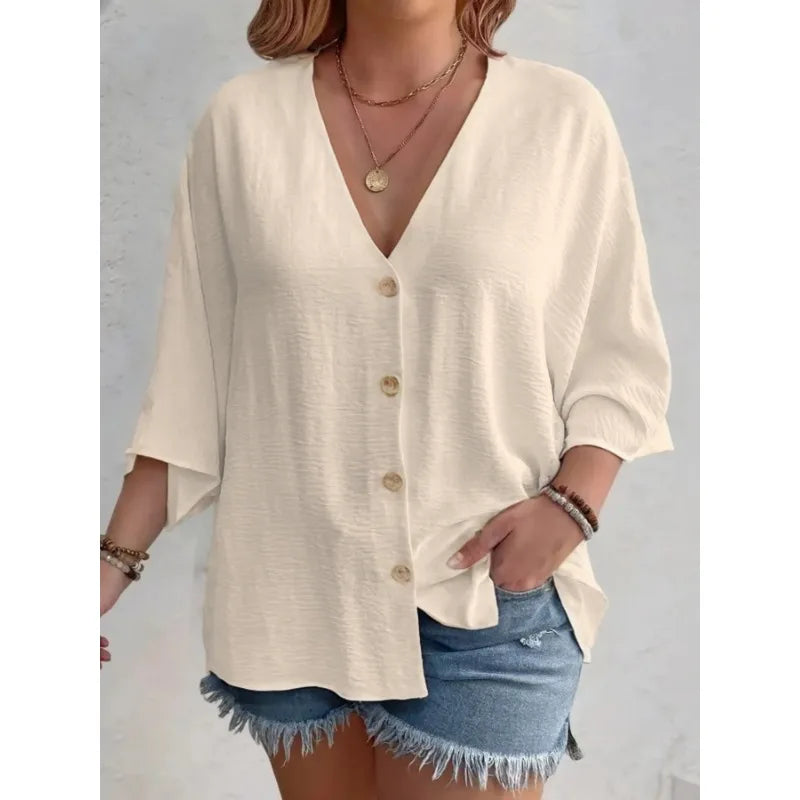 Plus Size Woman Casual T-shirt Solid Color Breathable Spring/summer V-neck Button Travel Wear American Style Female Clothing