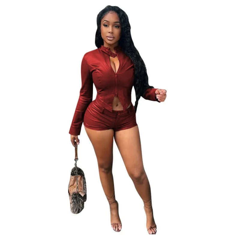 Two Pieces PU Leather Short Sets Women Solid Pant Set Skinny Long Sleeves Coat High Waist Zipper Pants Slim Casual 2026 Summer