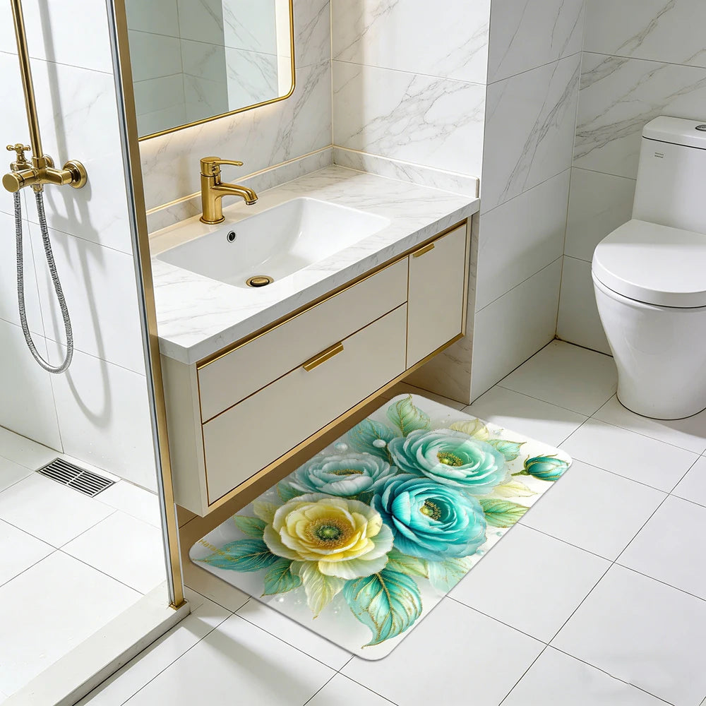2D Printing Floral Mat Rug For Bath And Kitch Super Absorbent Quick Dry Rubber Backed Dirt Resistant Bath Rugs Mats