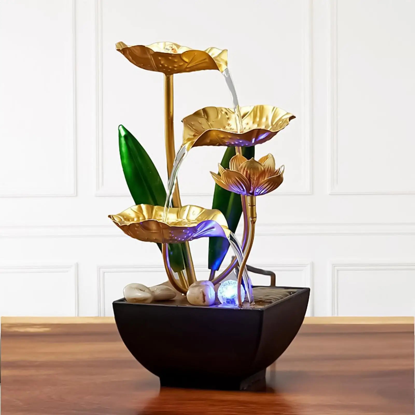 Lotus Leafs Waterfall Fountain Ornament Zen Relaxation Soothing Led Light Desk Water Fountain With Stream Sounds For Bedroom