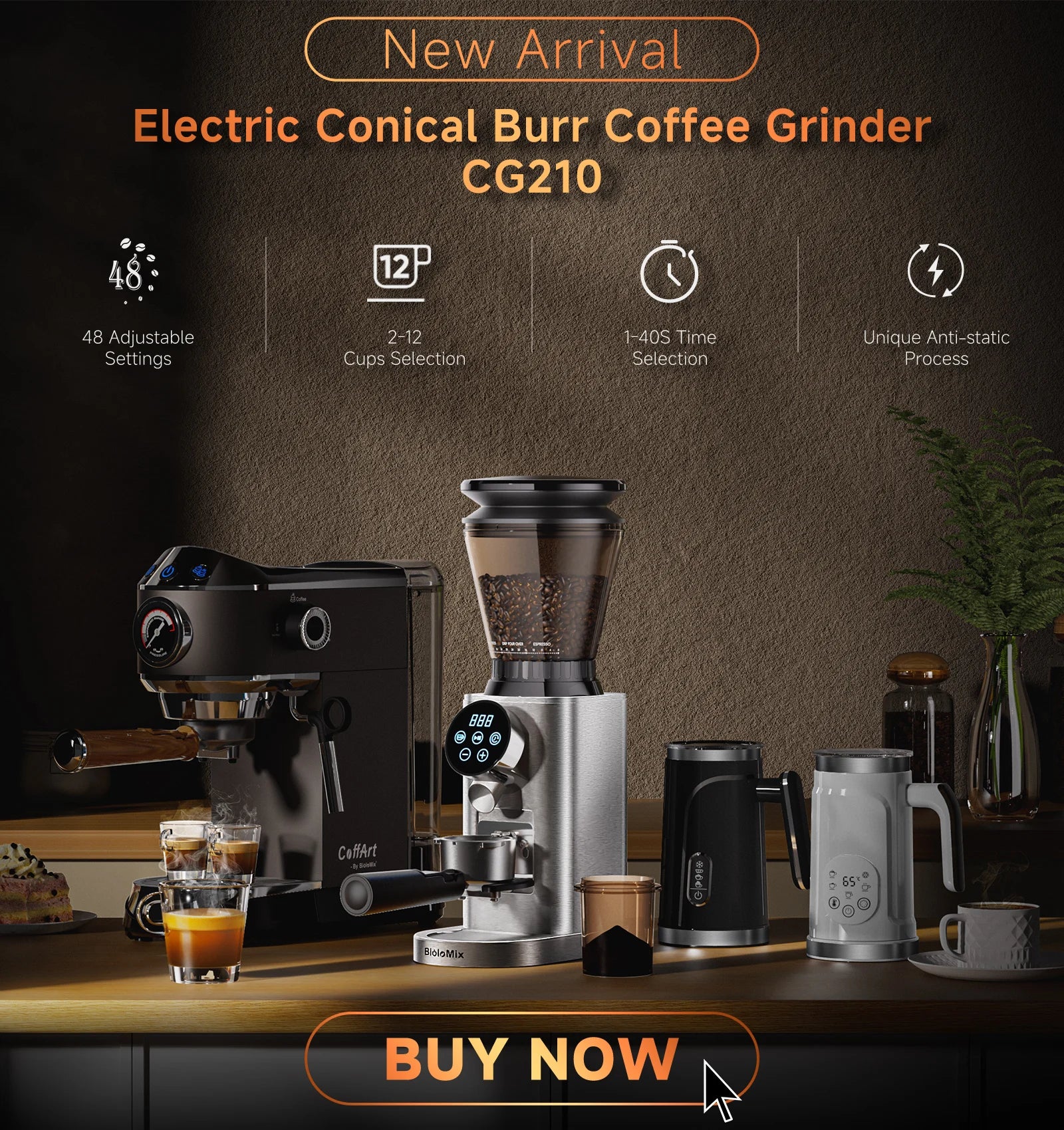 BioloMix Automatic Burr Mill Electric Coffee Grinder with 30 Gears for Espresso American Coffee Pour Over Visual Bean Storage