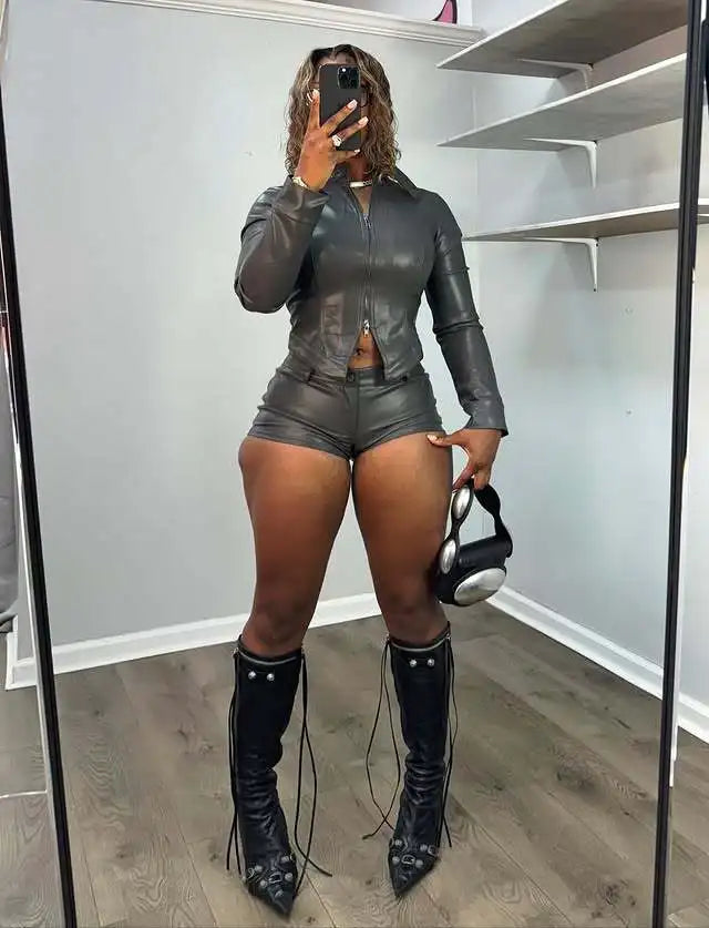 Two Pieces PU Leather Short Sets Women Solid Pant Set Skinny Long Sleeves Coat High Waist Zipper Pants Slim Casual 2026 Summer