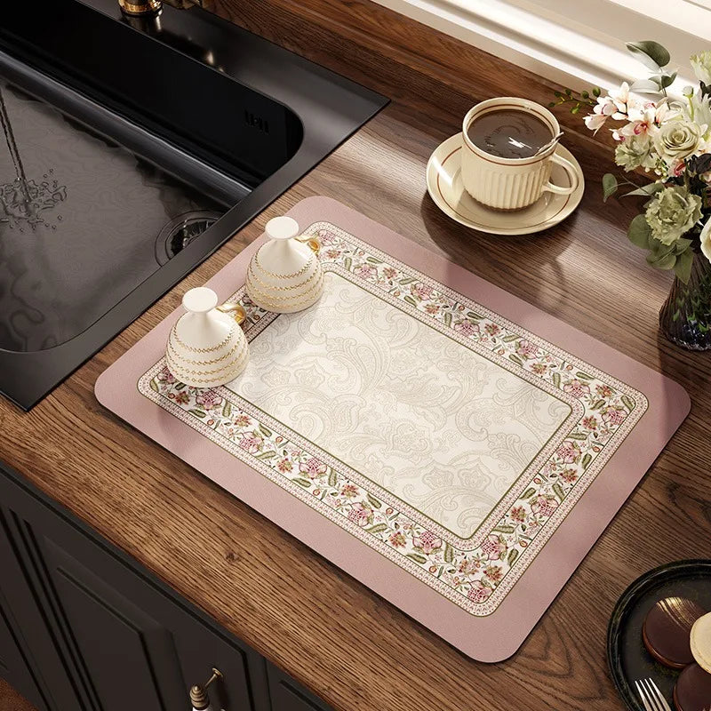 Absorbent Diatomite Anti-Slip Vintage Placemat,Luxury Draining Mat,Hand Paint,Kitchen Table Decoration,Quick-Drying Pad,Bar Pad