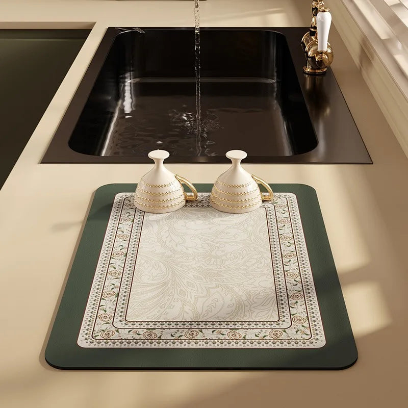 Absorbent Diatomite Anti-Slip Vintage Placemat,Luxury Draining Mat,Hand Paint,Kitchen Table Decoration,Quick-Drying Pad,Bar Pad