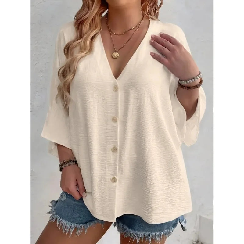 Plus Size Woman Casual T-shirt Solid Color Breathable Spring/summer V-neck Button Travel Wear American Style Female Clothing