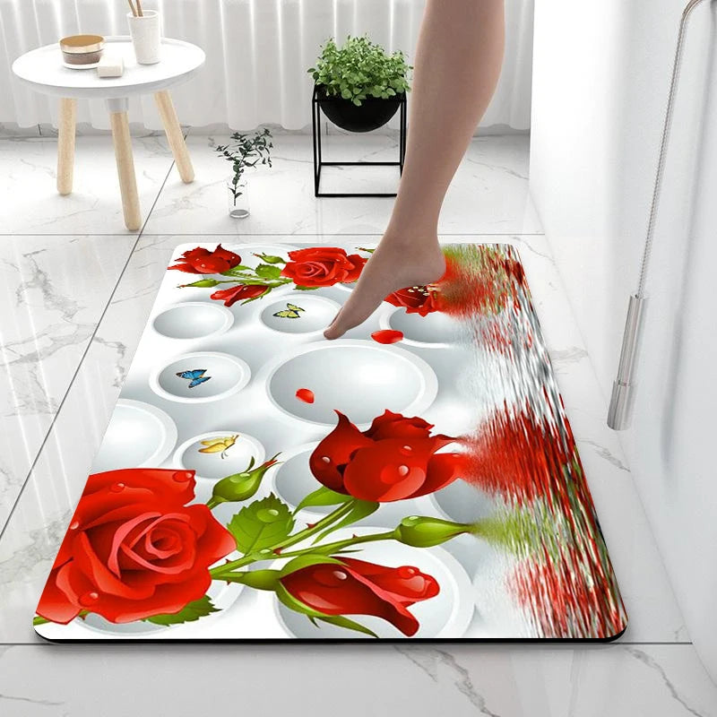 2D Printing Floral Mat Rug For Bath And Kitch Super Absorbent Quick Dry Rubber Backed Dirt Resistant Bath Rugs Mats