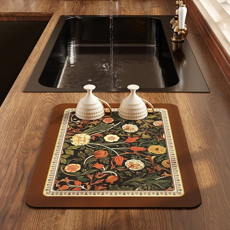 Absorbent Diatomite Anti-Slip Vintage Placemat,Luxury Draining Mat,Hand Paint,Kitchen Table Decoration,Quick-Drying Pad,Bar Pad