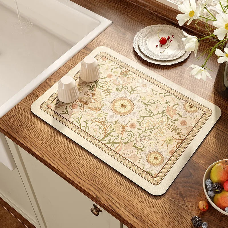 Absorbent Diatomite Anti-Slip Vintage Placemat,Luxury Draining Mat,Hand Paint,Kitchen Table Decoration,Quick-Drying Pad,Bar Pad