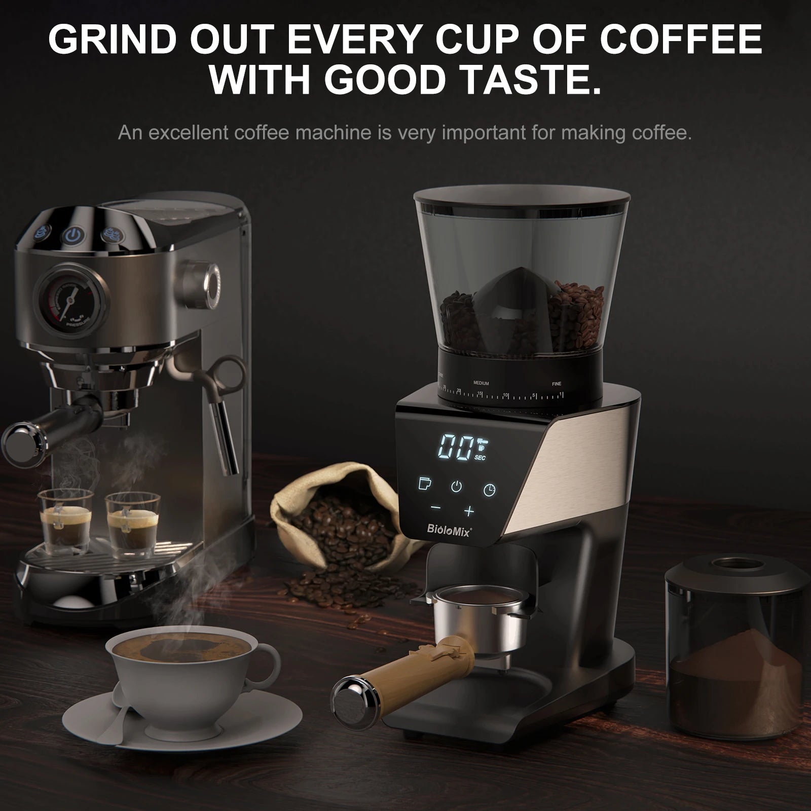 BioloMix Automatic Burr Mill Electric Coffee Grinder with 30 Gears for Espresso American Coffee Pour Over Visual Bean Storage