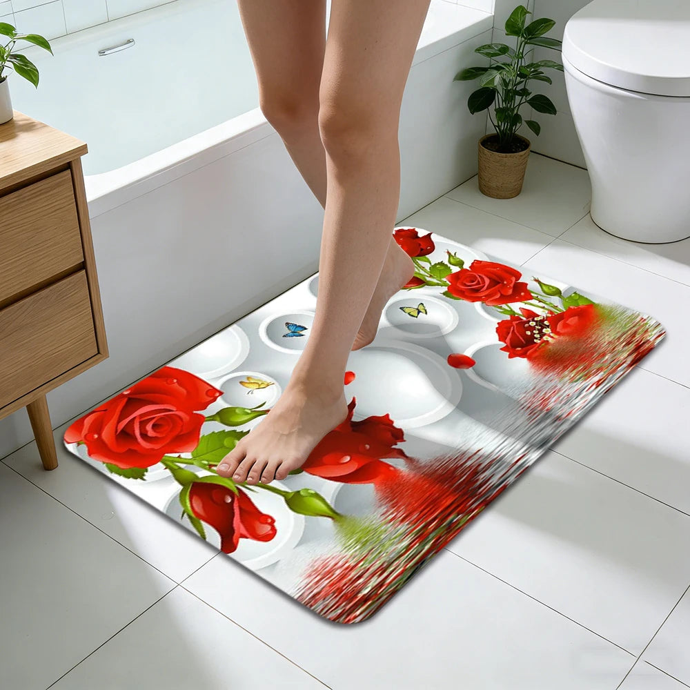 2D Printing Floral Mat Rug For Bath And Kitch Super Absorbent Quick Dry Rubber Backed Dirt Resistant Bath Rugs Mats