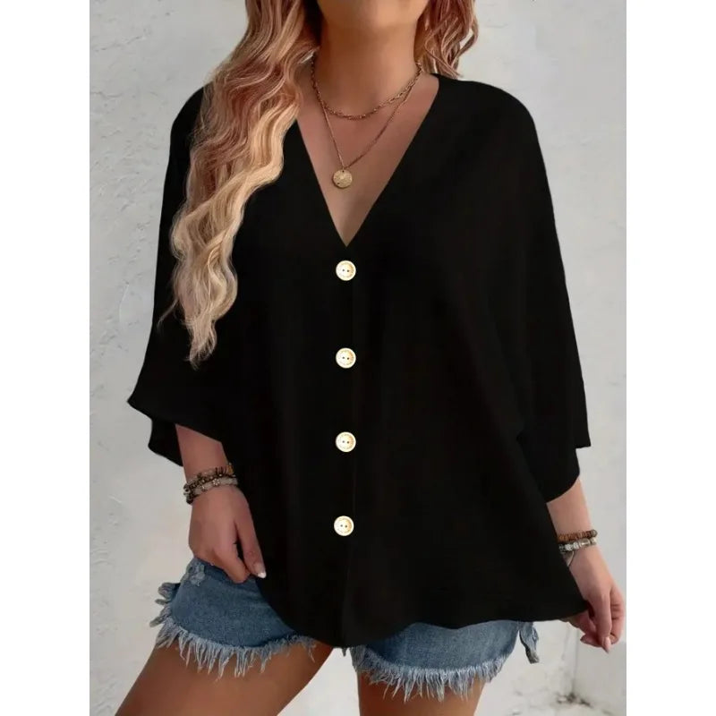 Plus Size Woman Casual T-shirt Solid Color Breathable Spring/summer V-neck Button Travel Wear American Style Female Clothing