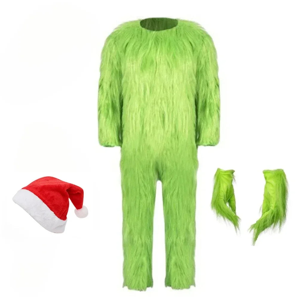 Green Fur Monster Santa Claus Christmas Monster Halloween Cosplay Costume Unisex Xmas Party Carnival Party Men Roleplaying