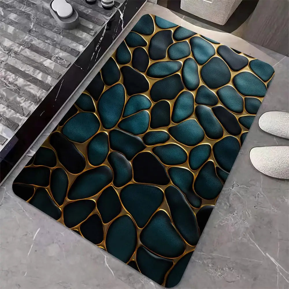 Diatomaceous Earth Bath Mat Blue and Gold Stones Non-Slip Volume Super Absorbent Fast Drying for Bathroom Kitchen Mat
